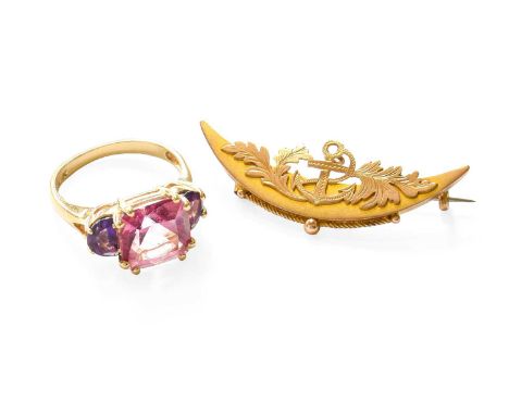 A Pink Topaz and Amethyst Ring, stamped '14K', finger size N; and A 9 Carat Gold Sweetheart Brooch, length 3.9cmRing - In goo