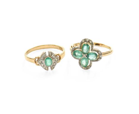 A 9 Carat Gold Emerald and Diamond Cluster Ring, four oval cut emeralds with an eight-cut diamond centrally, to an openwork e
