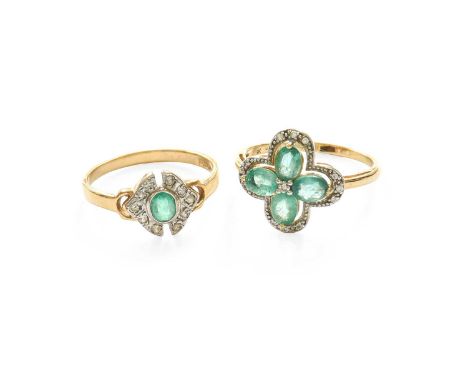 A 9 Carat Gold Emerald and Diamond Cluster Ring, four oval cut emeralds with an eight-cut diamond centrally, to an openwork e