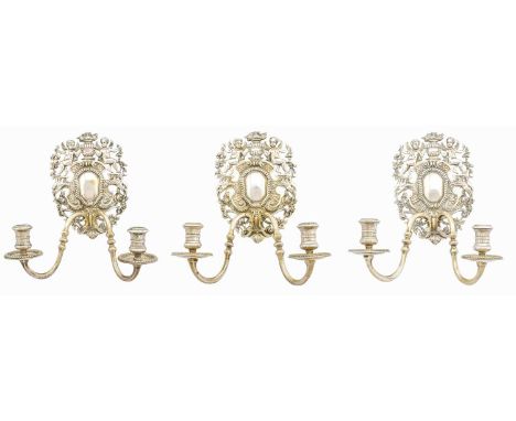 A Set of Three Silver Plate Two-Light Wall-Sconces, Apparently Unmarked, 20th Century, each in the William III or Queen Anne 