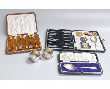 A Collection of Assorted Silver and Silver Plate, the silver comprising a cased set of six coffee-spoons with coffee-bean ter