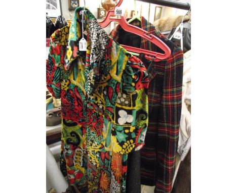 A vintage tartan jacket with gilt buttons together with a vintage Jaeger tweed skirt and a multicoloured silk velvet top circ