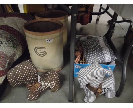 Fabric dog door stops, odd curtain tie backs including some pairs and 2 vintage style paper bins.