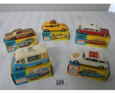 5 boxed Corgi toys, Nos 245, 428, 436, 437, 475, Citroen, Mr Softee, ice Cream van etc., in original boxes.