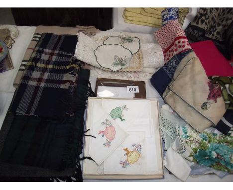 A quantity of vintage head scarves, handkerchiefs.