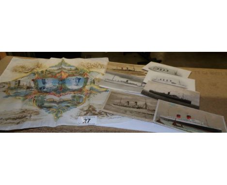 A 1935 Commemorative handkerchief and 7 vintage steamer postcards.