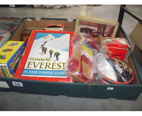 A box of vintage toys including tin, old marbles, wooden blocks, lorry etc.,