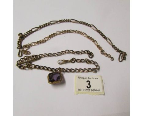 A vintage Albert with fob and  T bar, a further Albert chain and a bracelet (no fittings) all in yellow metal.