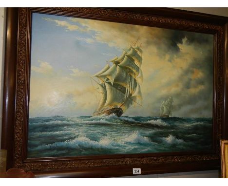 A large oil on canvas seascape depicting sailing ships on rough seas.