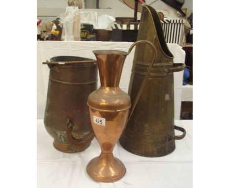 2 vintage brass and copper coal scuttles and a jug