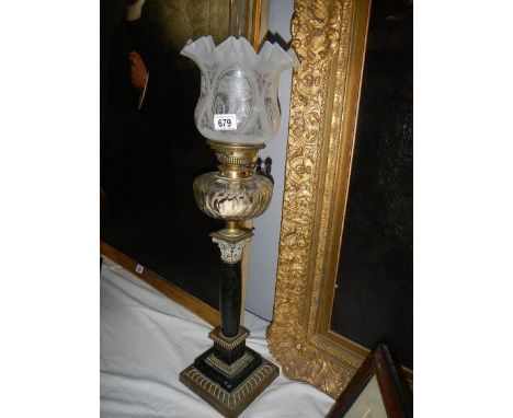 A black marble Corinthian column oil lamp with cut glass font. ****Condition report**** No visible damage to glass parts, bla