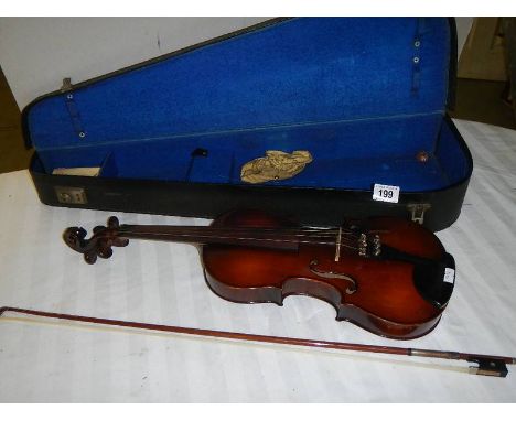 A mid 20th century cased violin with bow - A copy of Jacobus Steiner.