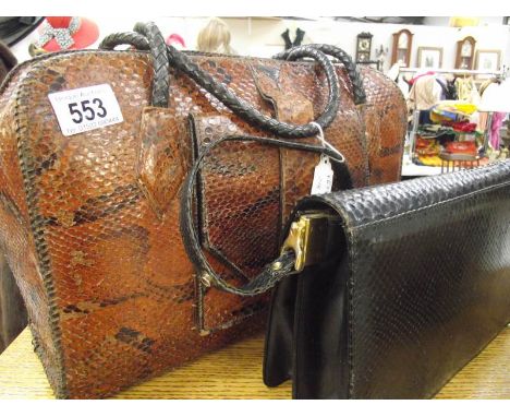 An art deco snake skin large bag, brown-black colour together with a further black snakeskin vintage bag.