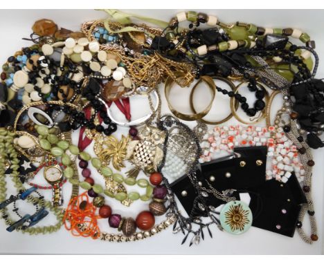 A retro ceramic pendant, an owl pendant and a collection of costume jewellery Condition Report: Not available for this lot