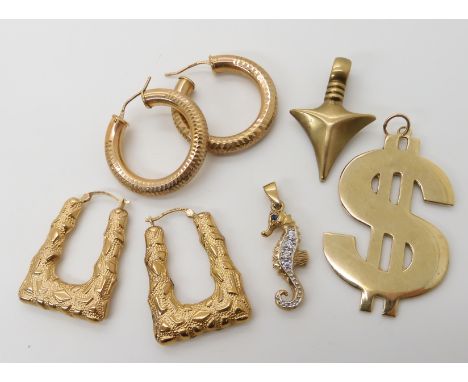 A 9ct '$' pendant length 5.5cm, a gem set seahorse pendant, an arrow head pendant and two pairs of creole earrings combined w
