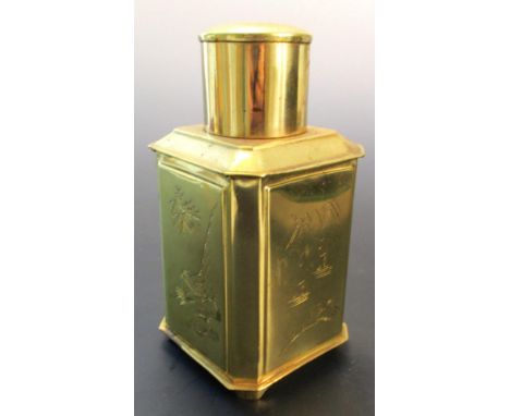 A 20th century brass tea caddy and cover, the rectangular panels of the body scratch carved with island scenes alternating wi