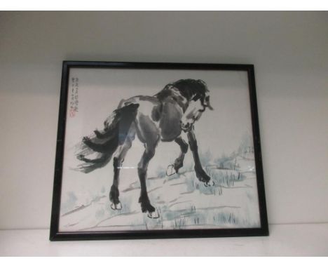 After Xu Beihong (1895-1953), a print of a horse, turning to look back as it stands on a grassy slope, 30 x 35cm (11.75 x 13.