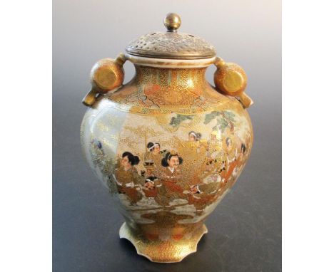 Hattori, a Satsuma vase with metal cover, mallet handles applied to the shoulders of the hexagonal body painted with warriors