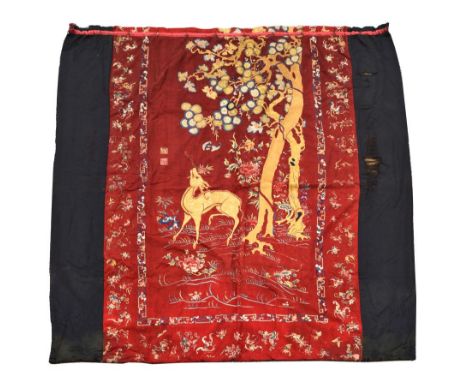 A 19th century silk embroidered wine red ground wool panel, now double sided, originally crested with an Emperor and Empress 