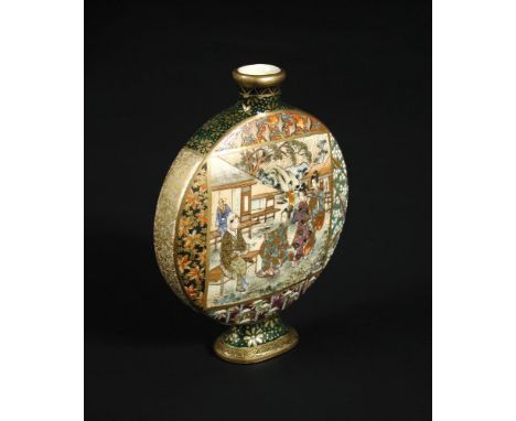 An early 20th century Satsuma moon flask painted on each side with square reserves of figures by pavilions enclosed by floral