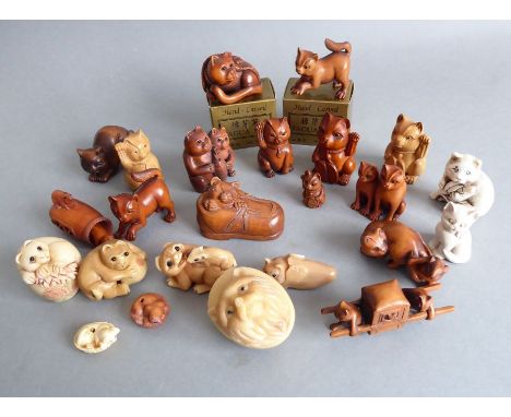 Various collectible reproduction netsuke; including treen examples depicting cats in various guises and poses etc. (selection