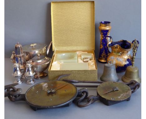 A mixed lot to include two early 20th century Salter's brass and iron balances, a selection of silver plate, a mid-20th centu