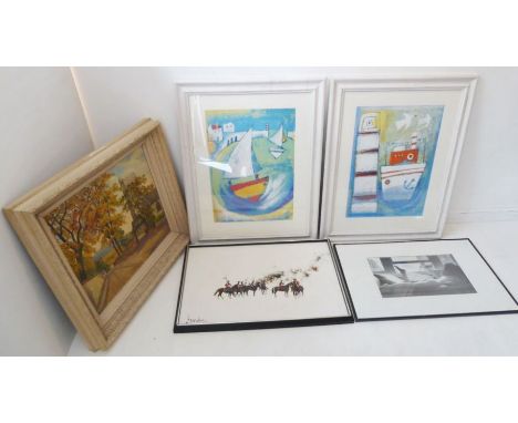 Five mixed media: a pair of colour prints in Cornish naïve style depicting boats in the harbour and a single boat near a ligh