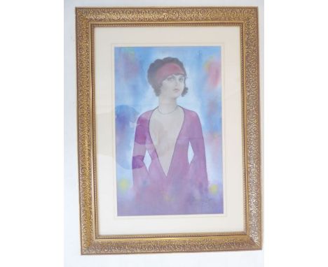 DAVID PERT -&nbsp; watercolour portrait of a young female with maroon headband and Art Deco style mauve dress, signed lower r