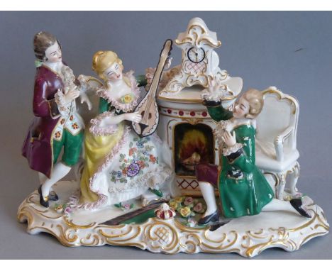 A&nbsp;mid-20th century&nbsp;hand-decorated Frankenthal (Dresden Art) porcelain figure group: a lady playing the lute to two 