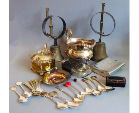 Assorted silver, silver plate and metalware etc. to include a number of teaspoons (some with golfing motifs as prizes), hip f