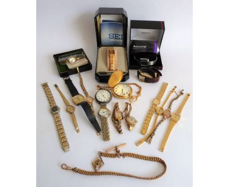 A collection of 19th and 20th century pocket and wrist watches and chains including a Continental open-faced key wound pocket
