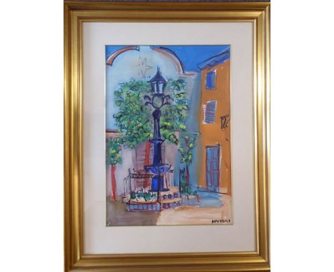 Ian Humphreys (Irish, born 1956) - North African street scene with street light before a mosque. Signed, mixed media on paper