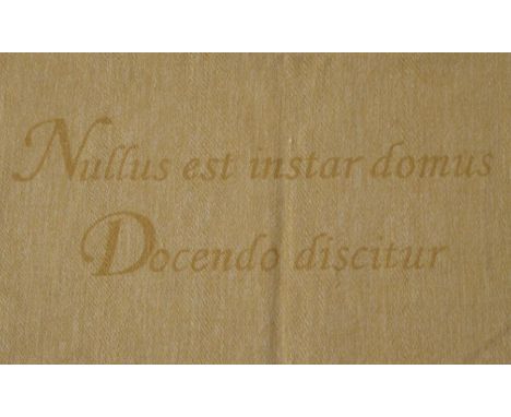 A single curtain in gold fabric decorated with Latin inscriptions, tab heading, cotton lined (approx. 164cm hem width x 214cm