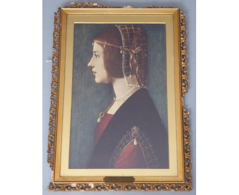 After Ambrogio di Predis - a gilt framed card print 'Batrice D'Este', detailed plaque to lower centre (44.5cm x 28cm) (damage