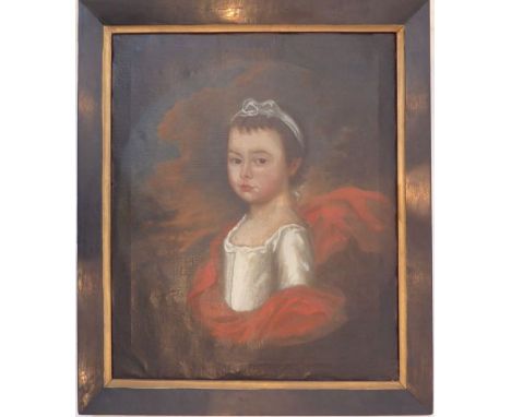 18th century English School - oil on canvas half-length portrait study of a young girl in a feigned oval; label on the stretc
