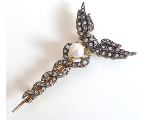 A gold and diamond Caduceus brooch; set with a central pearl and the intertwined centre and wings set with numerous diamonds
