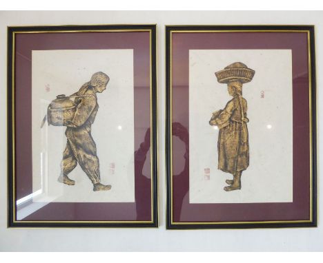 A pair of original Chinese black and gold-coloured acrylics of female peasants carrying woven baskets, various red seal marks