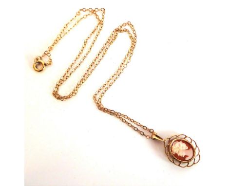 A lady's 9-carat yellow-gold pendant mounted with a hand-carved cameo of a beautiful lady in profile, together with a 9-carat