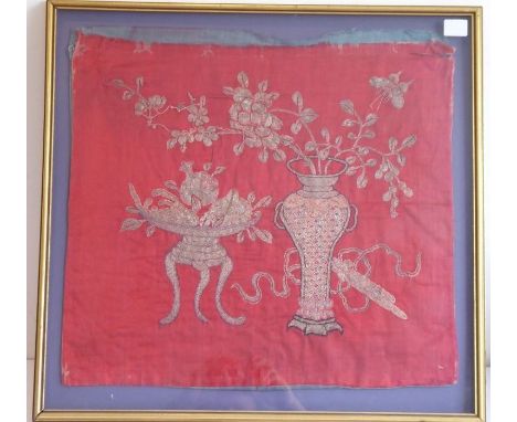 A Chinese white-metal wire needlework on silk; a Meiping-style vase with flowers and stalks emanating flanked to the left by 