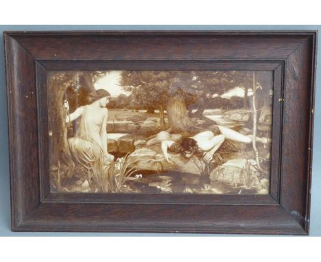 An early 20th century oak-framed and glazed sepia print after John William Waterhouse (1849-1917), 'Echo and Narcissus' (15.5