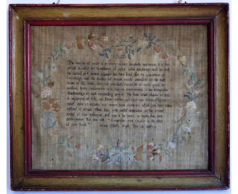A framed early 19th century needlework sampler 'Youth' Grace Miller's work, May 20, 1805' (frame size 29.5cm x 35cm)