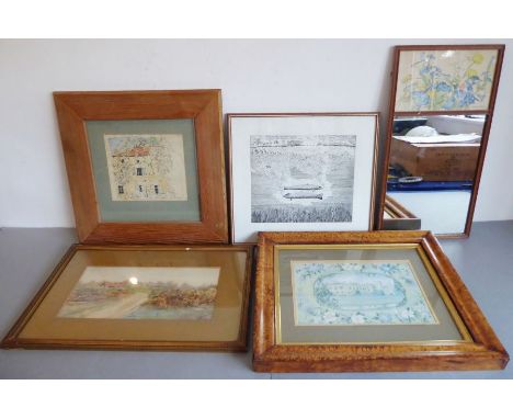 A selection of four decorative pictures and prints and a looking glass: a Mediterranean villa; a coloured print after Edna-de