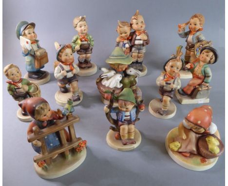 Twelve Hummel/Goebel hand-decorated porcelain figures to include Schoolboy (2), Merry Wanderer, Signs of Spring, Village Boy,