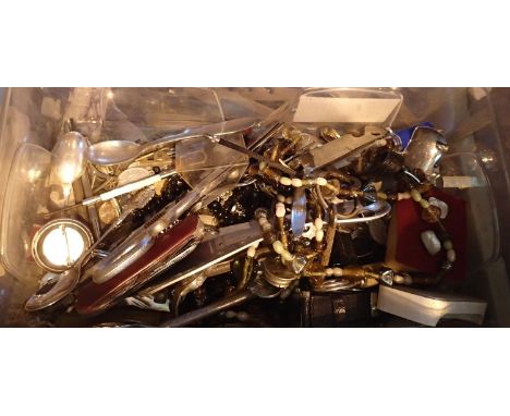 Large box of mixed kitchen utensils and flatware including silver plated cutlery, scissors etc. Not available for in-house P&