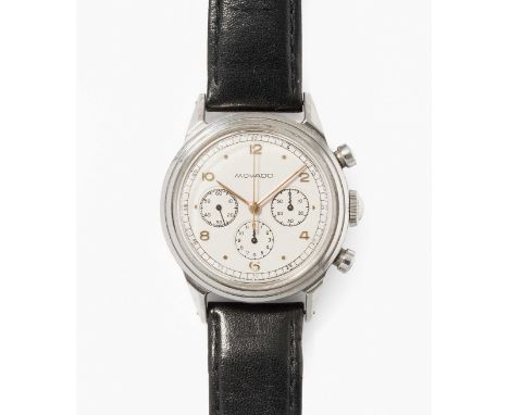 Movado Chronograph, um 1950Ref. 19038. Edelstahl Gehäuse Nr. 104428, 34 mm, Schraubboden. Handaufzug Cal. 90. Beigefarbenes Z