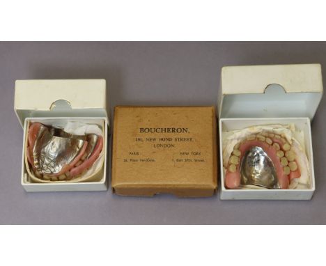Dental Gold: Two pairs of full dentures containing various gold fillings, one set with white metal pallete; &amp; another two