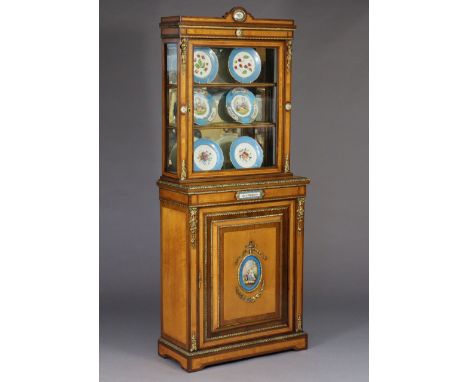 A LOUIS XVI-STYLE SATINWOOD AND ARAMANTH DISPLAY CABINET, with ormolu mounts and inset Sevres-type porcelain plaques, the upp