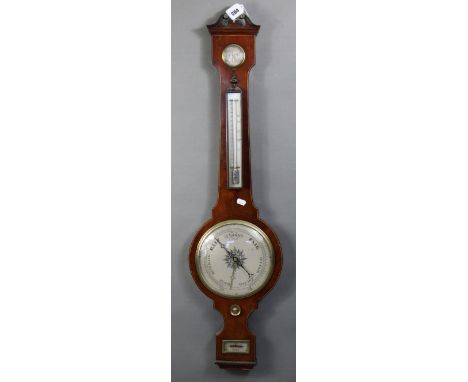 A 19th century banjo barometer with 7½” silvered dial, thermometer, &amp; hygrometer signed “M. Fairhurst, Bath”, in inlaid-m