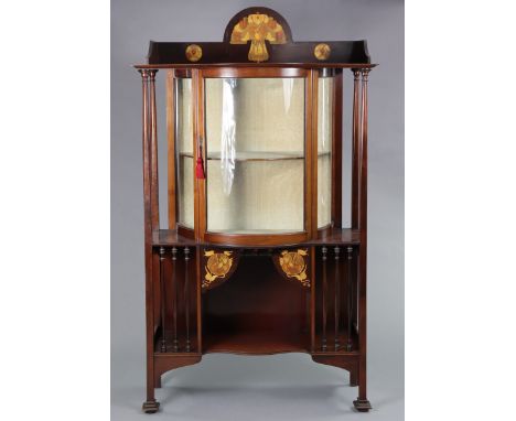 SHAPLAND AND PETTER: A MAHOGANY DISPLAY CABINET WITH INLAID ART NOUVEAU MARQUETRY DECORATION, the bow-front display with shap