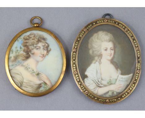 Two 19th century head-&amp;-shoulders oval portrait miniatures, each in gilt-metal frame, 3½” x 2¾” &amp; 2¾” x 2¼” over-all.